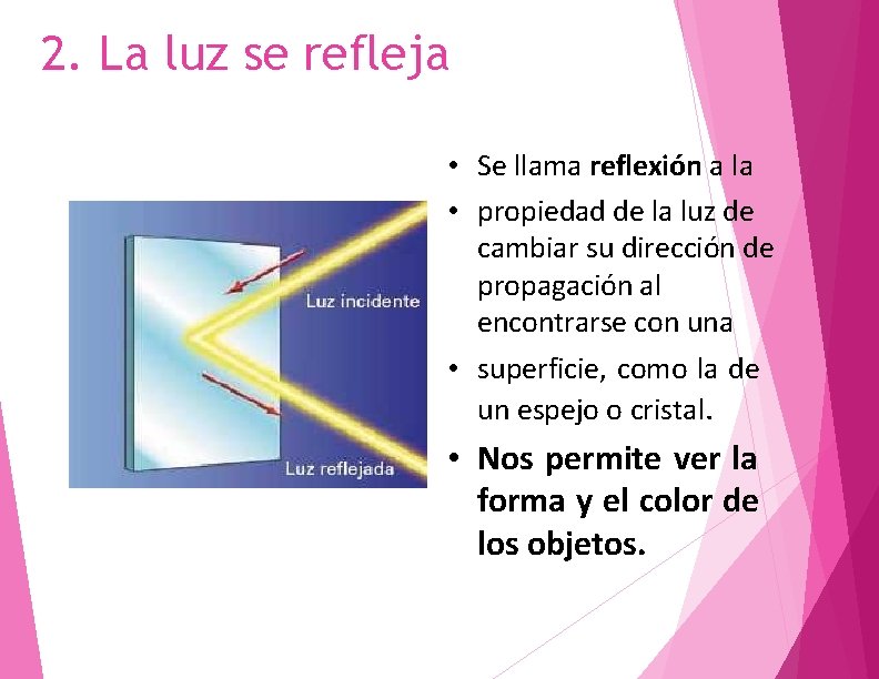 2. La luz se refleja • Se llama reflexión a la • propiedad de