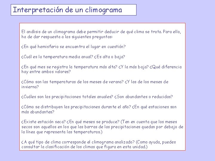 Interpretación de un climograma El análisis de un climograma debe permitir deducir de qué