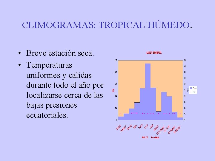 CLIMOGRAMAS: TROPICAL HÚMEDO. • Breve estación seca. • Temperaturas uniformes y cálidas durante todo