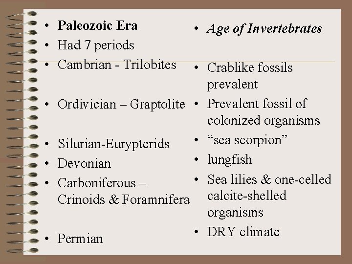  • Paleozoic Era • Had 7 periods • Cambrian - Trilobites • •