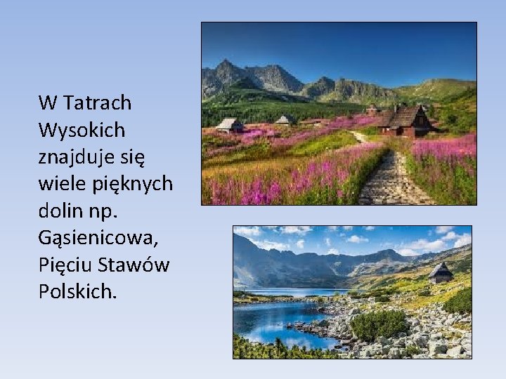 W Tatrach Wysokich znajduje się wiele pięknych dolin np. Gąsienicowa, Pięciu Stawów Polskich. 