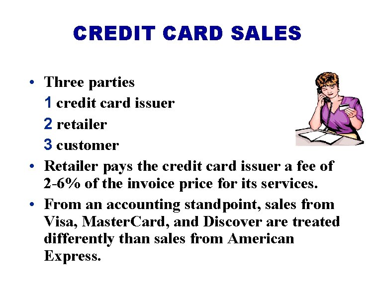 CREDIT CARD SALES • Three parties 1 credit card issuer 2 retailer 3 customer