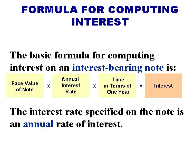 FORMULA FOR COMPUTING INTEREST The basic formula for computing interest on an interest-bearing note
