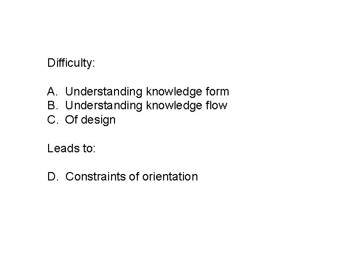 Difficulty: A. Understanding knowledge form B. Understanding knowledge flow C. Of design Leads to: