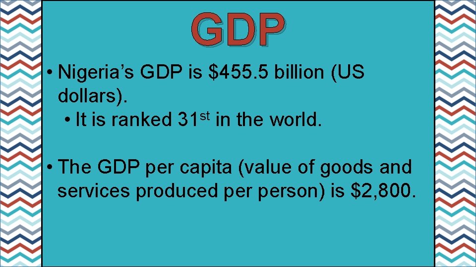 GDP • Nigeria’s GDP is $455. 5 billion (US dollars). • It is ranked