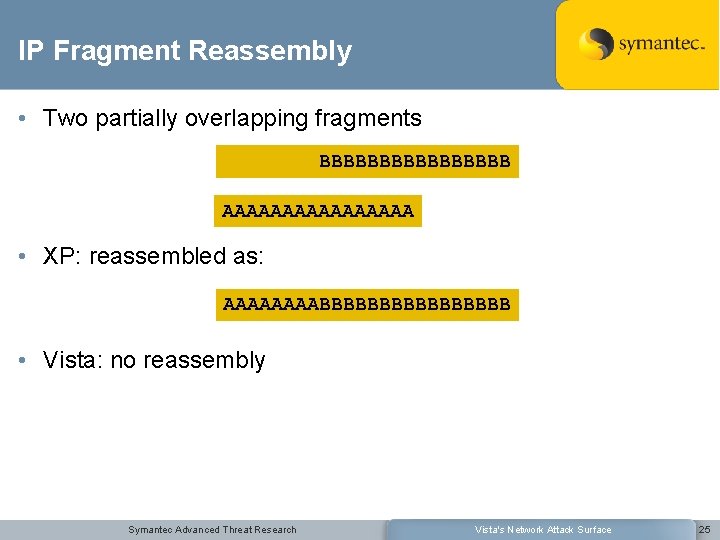 IP Fragment Reassembly • Two partially overlapping fragments BBBBBBBB AAAAAAAA • XP: reassembled as: