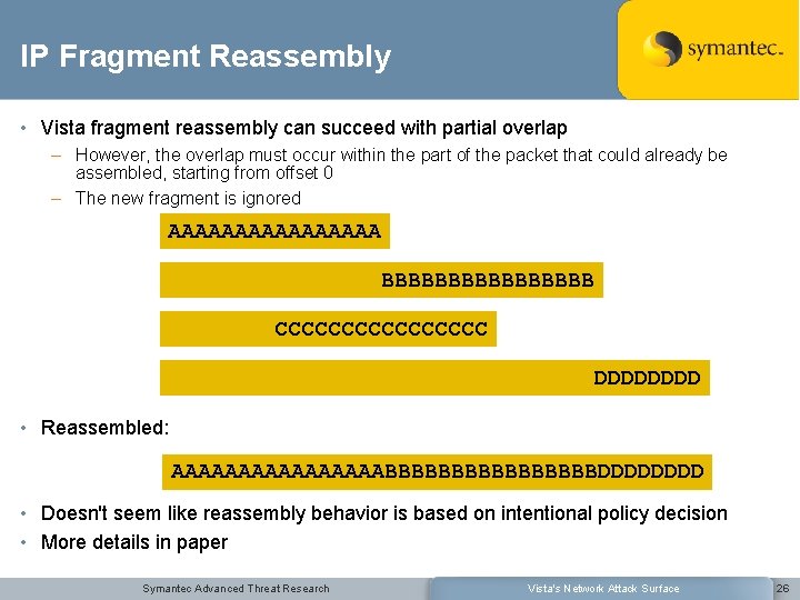 IP Fragment Reassembly • Vista fragment reassembly can succeed with partial overlap – However,