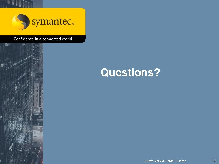 Questions? Symantec Advanced Threat Research Vista's Network Attack Surface 63 