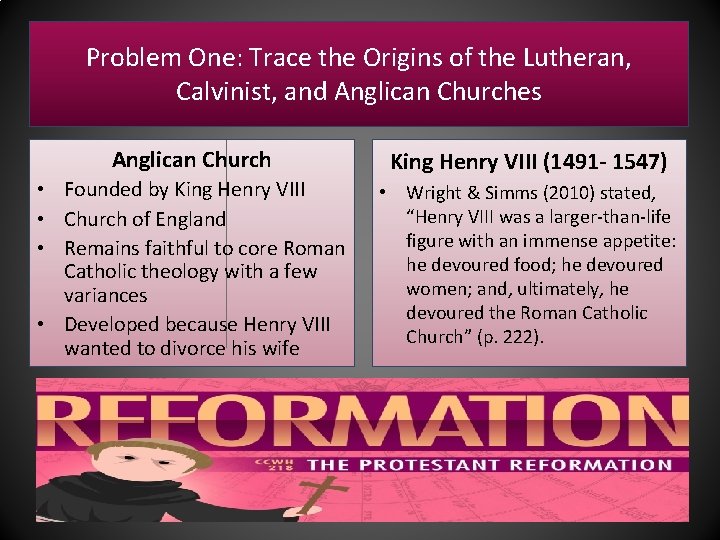 Problem One: Trace the Origins of the Lutheran, Calvinist, and Anglican Churches Anglican Church