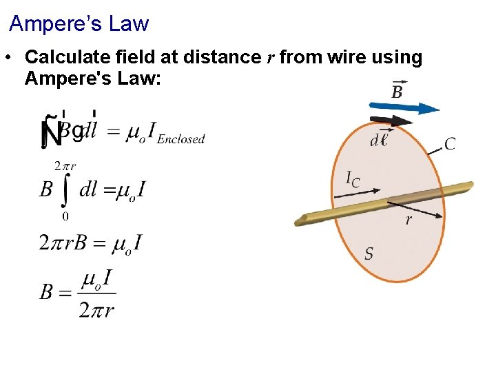 Ampere’s Law • Calculate field at distance r from wire using Ampere's Law: 