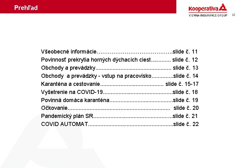 Prehľad 10 Všeobecné informácie…………………. . slide č. 11 Povinnosť prekrytia horných dýchacích ciest. .