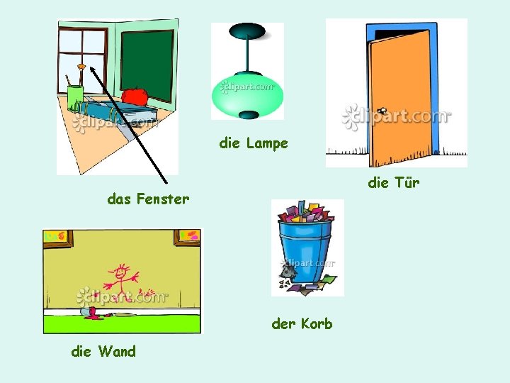 die Lampe die Tür das Fenster der Korb die Wand 