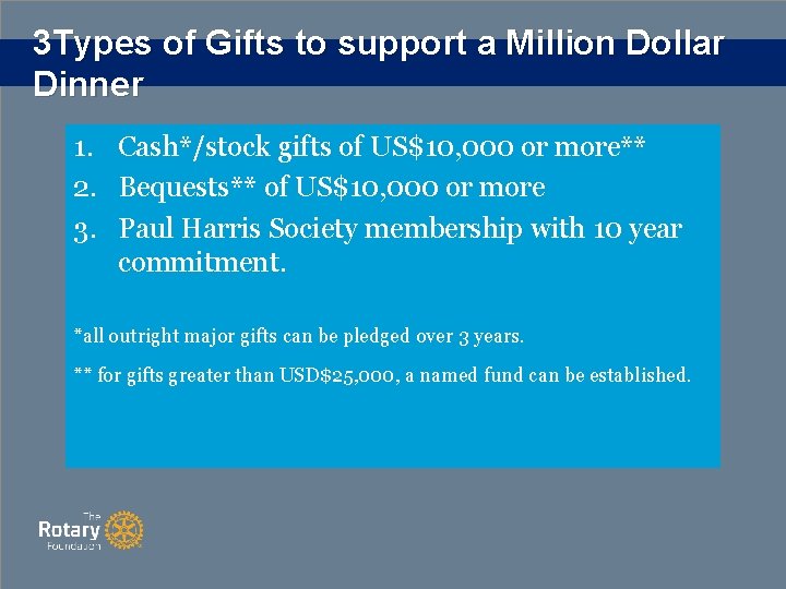 3 Types of Gifts to support a Million Dollar Dinner 1. Cash*/stock gifts of
