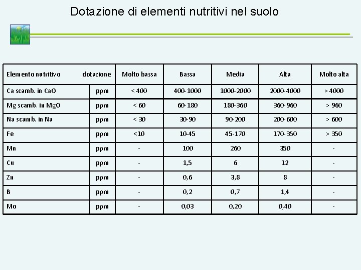 Dotazione di elementi nutritivi nel suolo Elemento nutritivo dotazione Molto bassa Bassa Media Alta