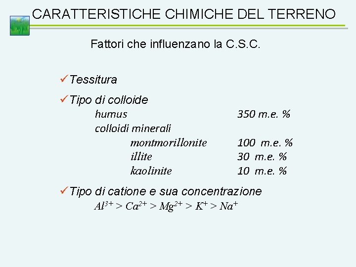 CARATTERISTICHE CHIMICHE DEL TERRENO Fattori che influenzano la C. S. C. üTessitura üTipo di