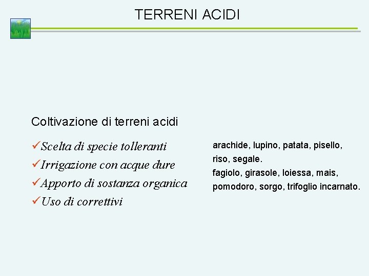 TERRENI ACIDI Coltivazione di terreni acidi üScelta di specie tolleranti üIrrigazione con acque dure