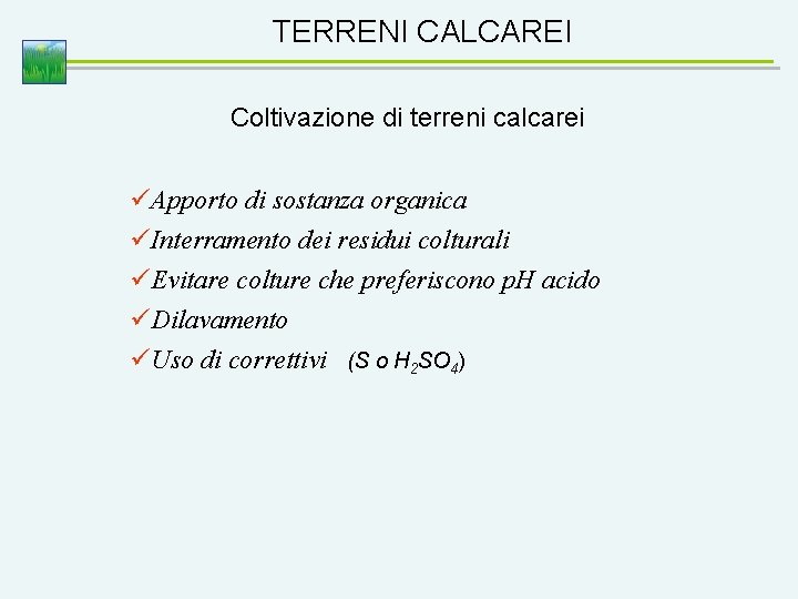 TERRENI CALCAREI Coltivazione di terreni calcarei üApporto di sostanza organica üInterramento dei residui colturali