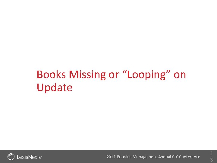 Books Missing or “Looping” on Update 2011 Practice Management Annual CIC Conference 1 3