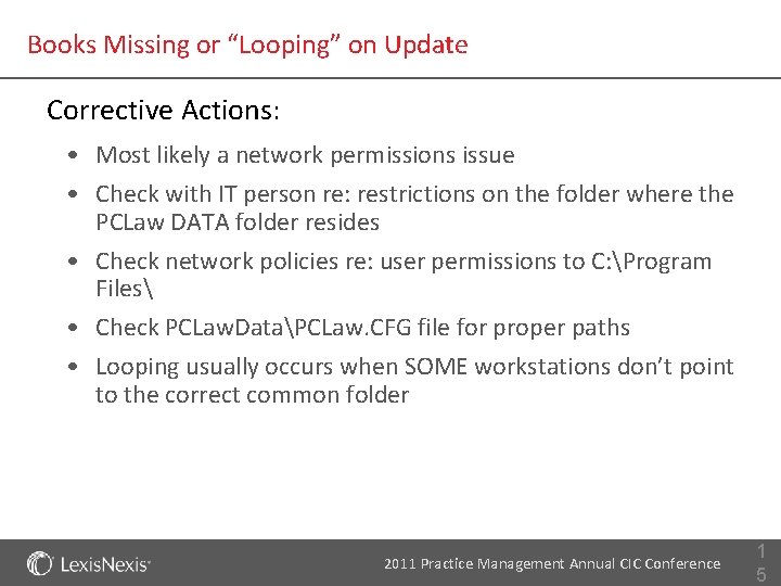 Books Missing or “Looping” on Update Corrective Actions: • Most likely a network permissions