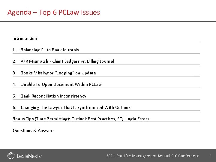 Agenda – Top 6 PCLaw Issues Introduction 1. Balancing GL to Bank Journals 2.