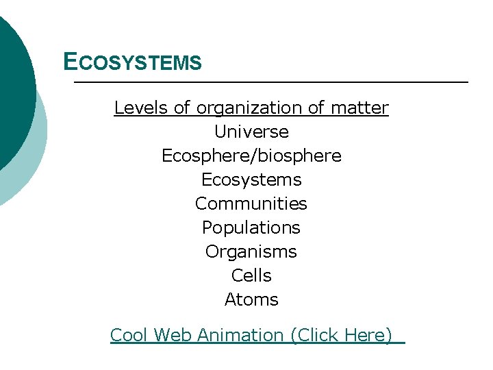 ECOSYSTEMS Levels of organization of matter Universe Ecosphere/biosphere Ecosystems Communities Populations Organisms Cells Atoms