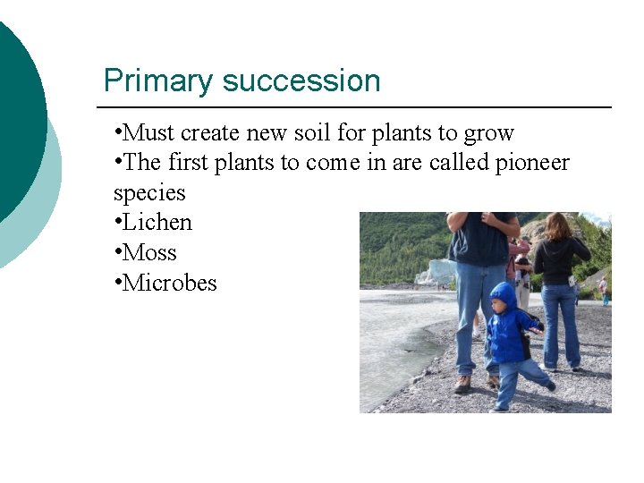 Primary succession • Must create new soil for plants to grow • The first