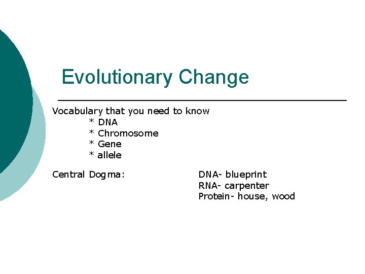 Evolutionary Change Vocabulary that you need to know * DNA * Chromosome * Gene