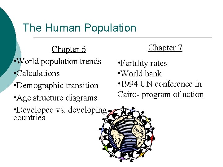 The Human Population Chapter 6 • World population trends • Calculations • Demographic transition