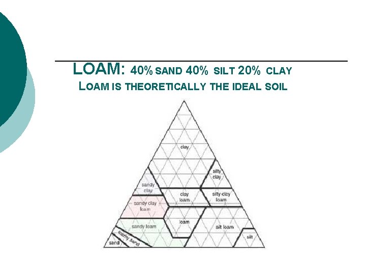 LOAM: 40%SAND 40% SILT 20% CLAY LOAM IS THEORETICALLY THE IDEAL SOIL 