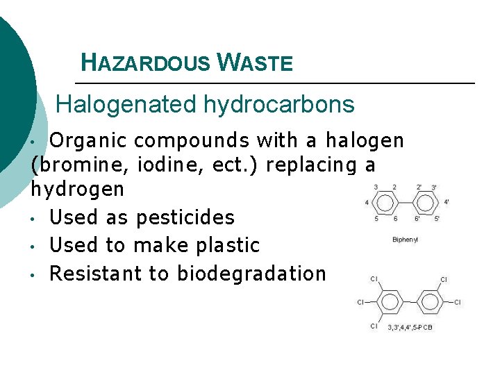 HAZARDOUS WASTE Halogenated hydrocarbons Organic compounds with a halogen (bromine, iodine, ect. ) replacing