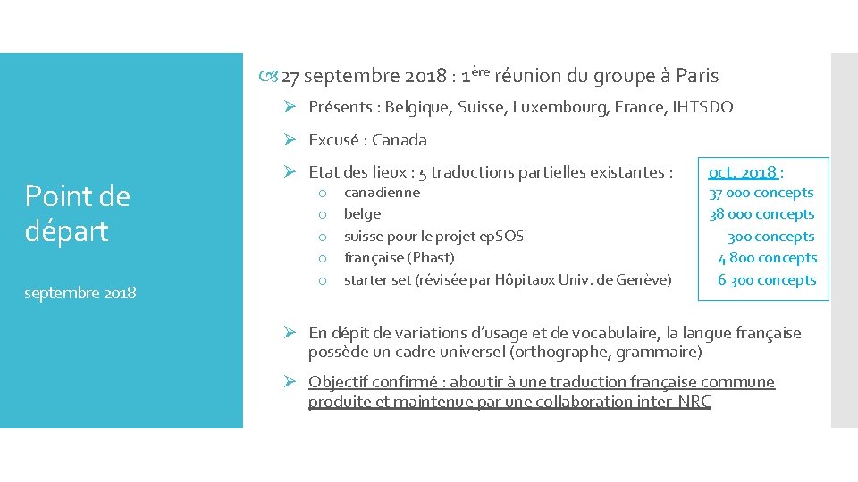  27 septembre 2018 : 1ère réunion du groupe à Paris Ø Présents :