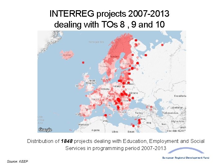 INTERREG projects 2007 -2013 dealing with TOs 8 , 9 and 10 Distribution of