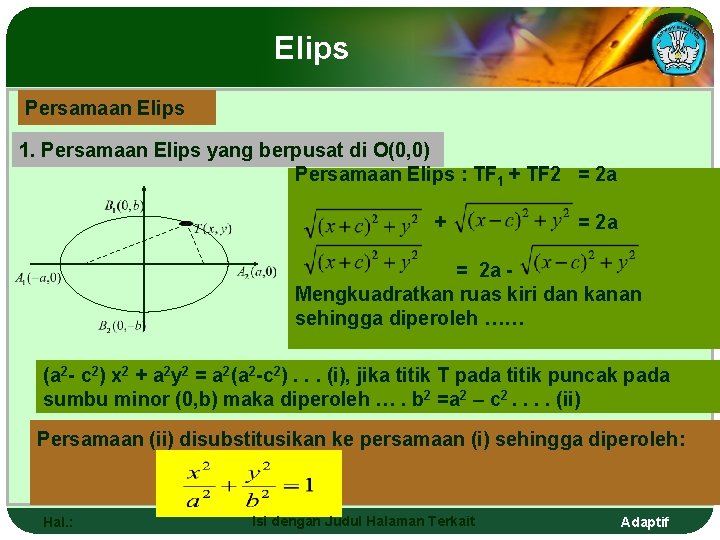 Elips Persamaan Elips 1. Persamaan Elips yang berpusat di O(0, 0) Persamaan Elips :