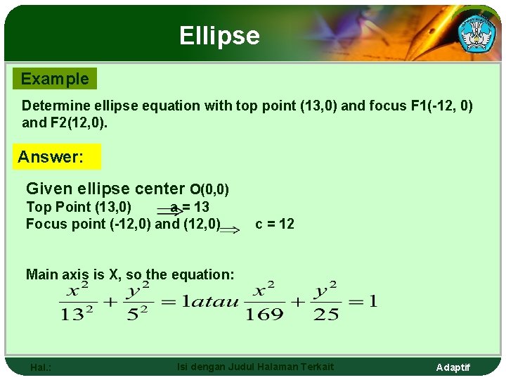 Ellipse Example Determine ellipse equation with top point (13, 0) and focus F 1(-12,