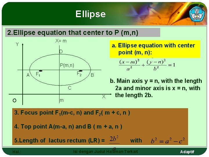 Ellipse 2. Ellipse equation that center to P (m, n) X= m Y a.