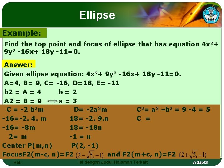 Ellipse Example: Find the top point and focus of ellipse that has equation 4
