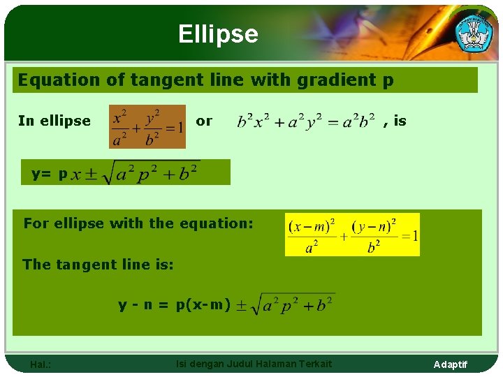 Ellipse Equation of tangent line with gradient p In ellipse or , is y=