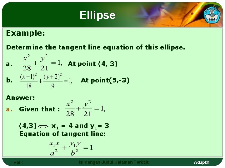 Ellipse Example: Determine the tangent line equation of this ellipse. a. At point (4,