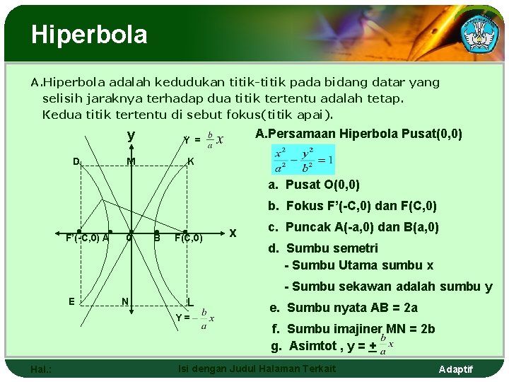 Hiperbola A. Hiperbola adalah kedudukan titik-titik pada bidang datar yang selisih jaraknya terhadap dua