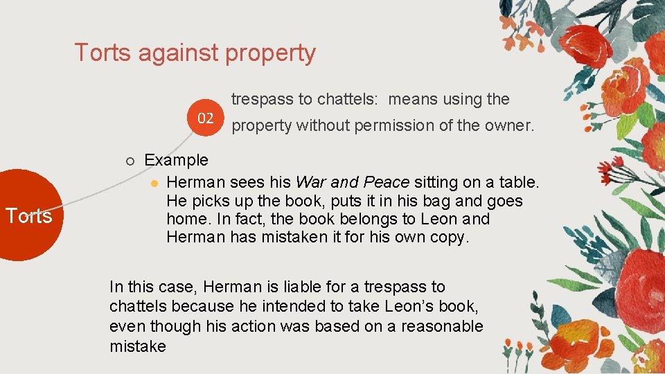 Torts against property 02 ¡ Torts trespass to chattels: means using the property without Torts against property 02 ¡ Torts trespass to chattels: means using the property without