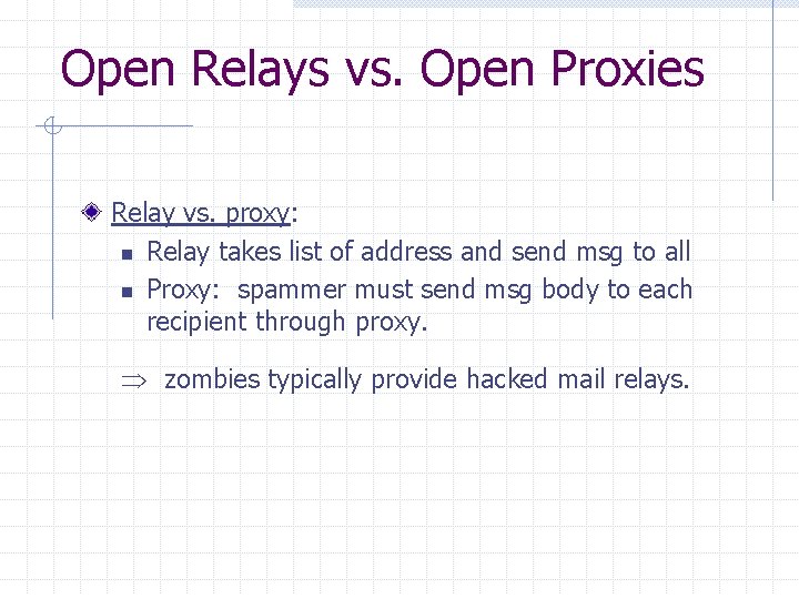 Open Relays vs. Open Proxies Relay vs. proxy: n Relay takes list of address