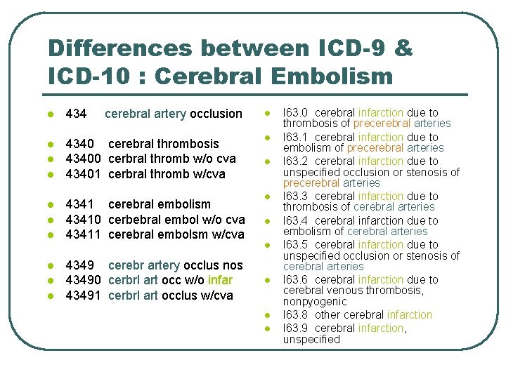 Differences between ICD-9 & ICD-10 : Cerebral Embolism l 4340 cerebral thrombosis 43400 cerbral
