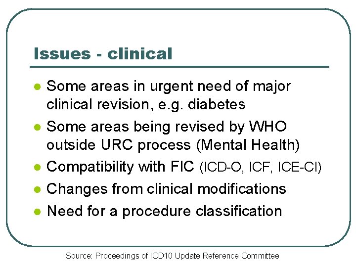 Issues - clinical l l Some areas in urgent need of major clinical revision,