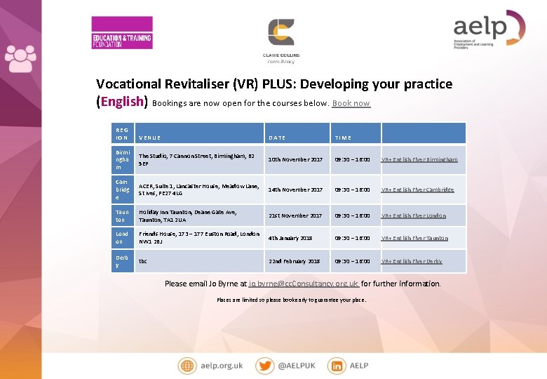 Vocational Revitaliser (VR) PLUS: Developing your practice (English) Bookings are now open for the