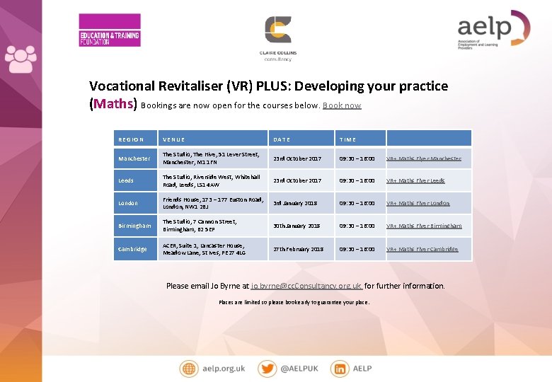 Vocational Revitaliser (VR) PLUS: Developing your practice (Maths) Bookings are now open for the