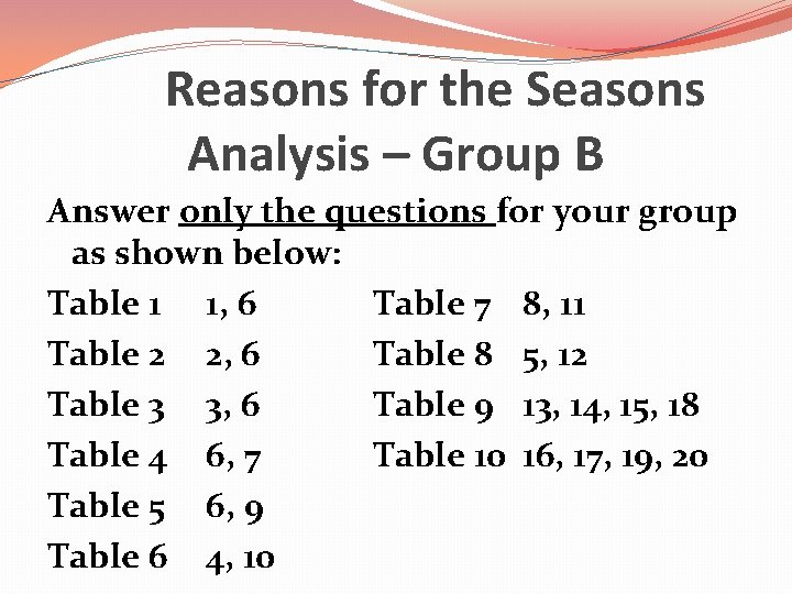 Reasons for the Seasons Analysis – Group B Answer only the questions for your Reasons for the Seasons Analysis – Group B Answer only the questions for your