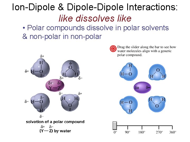 Ion-Dipole & Dipole-Dipole Interactions: like dissolves like • Polar compounds dissolve in polar solvents