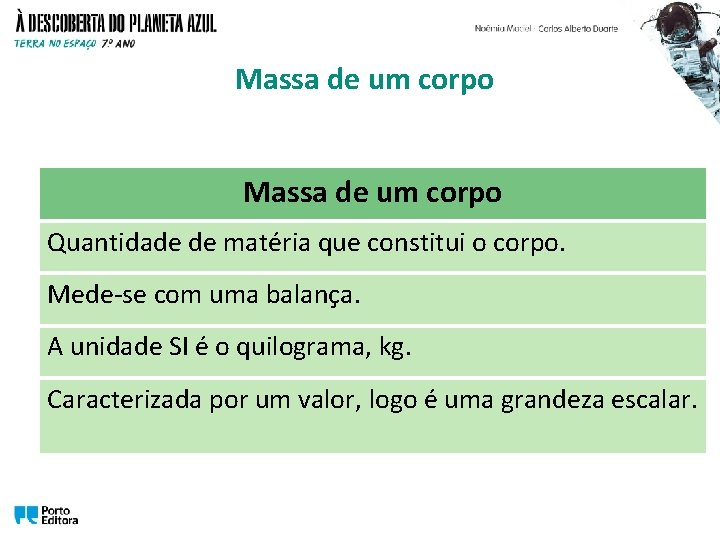 Massa de um corpo Quantidade de matéria que constitui o corpo. Mede-se com uma