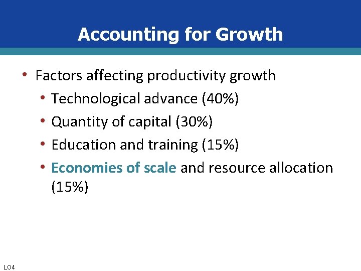 Accounting for Growth • Factors affecting productivity growth • Technological advance (40%) • Quantity