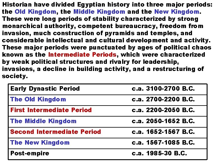 Historian have divided Egyptian history into three major periods: the Old Kingdom, the Middle